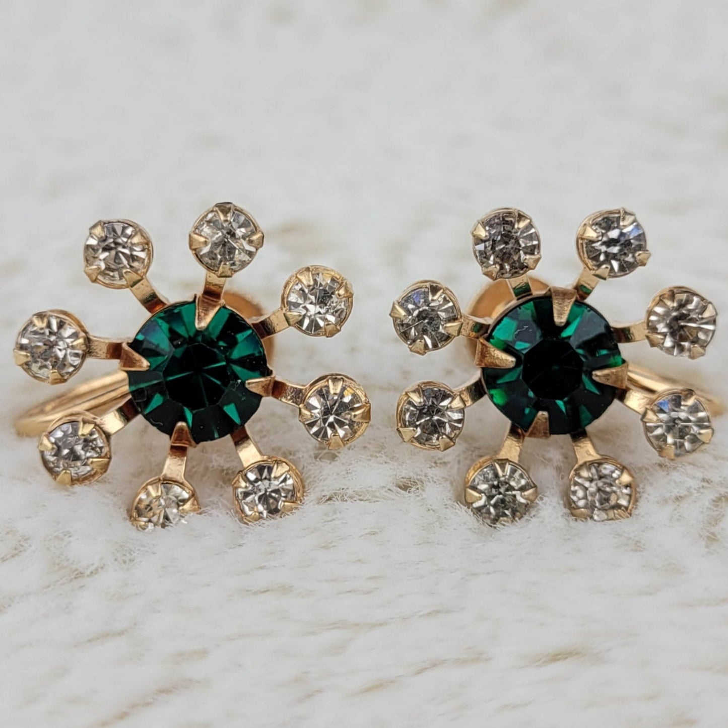 1950's Green and Clear Rhinestone Flower Earrings by BN