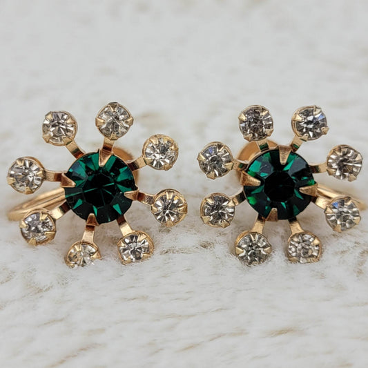 1950's Vintage Green and Clear Rhinestone Flower Earrings by BN