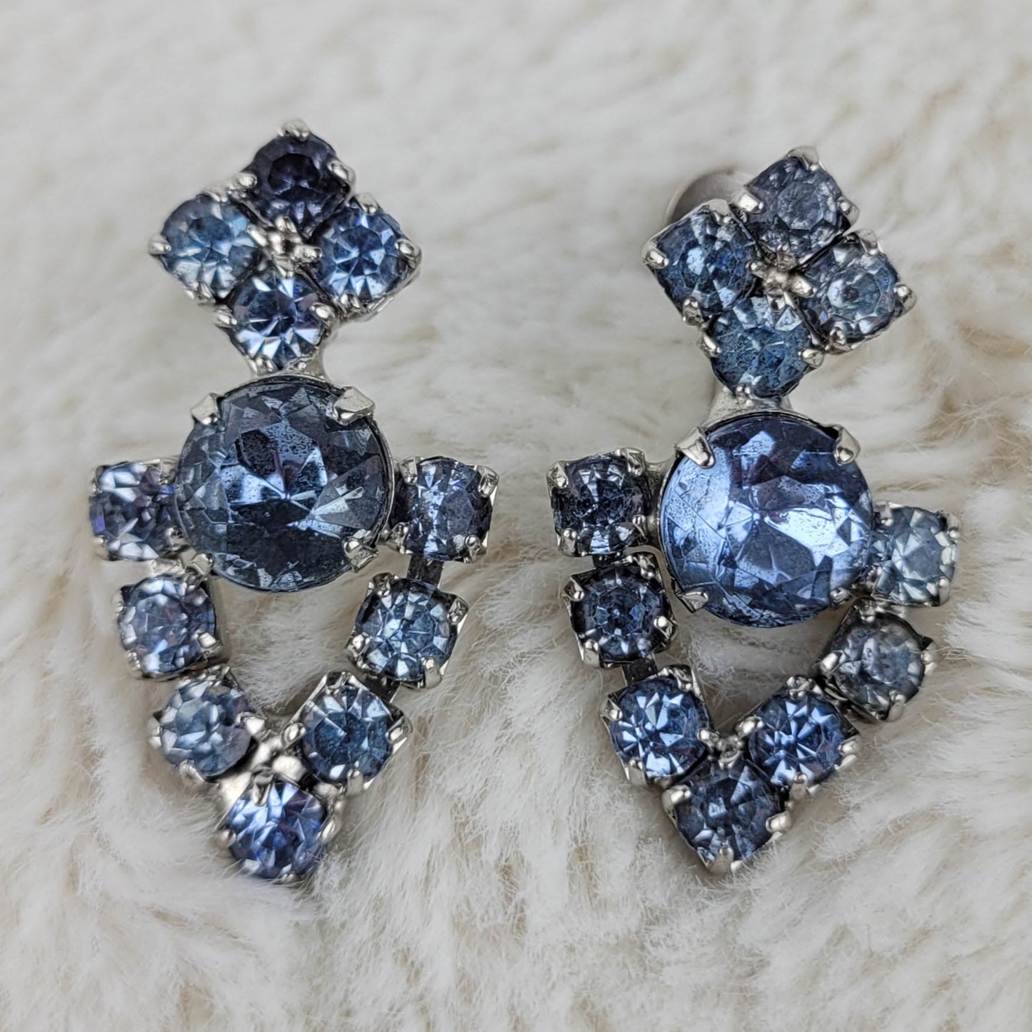 1940's Ice Blue Rhinestones Chevron Dangle Earrings