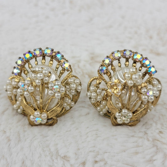 1950's Vintage Pearl Bead and Aurora Borealis Circular Earrings
