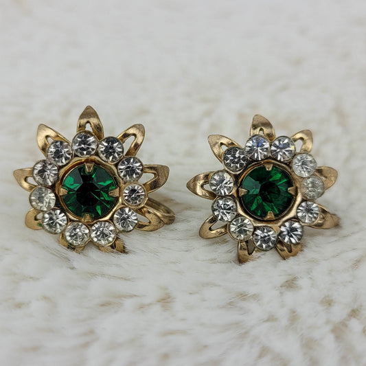 1940's Vintage Green and Clear Rhinestone Starburst Earrings