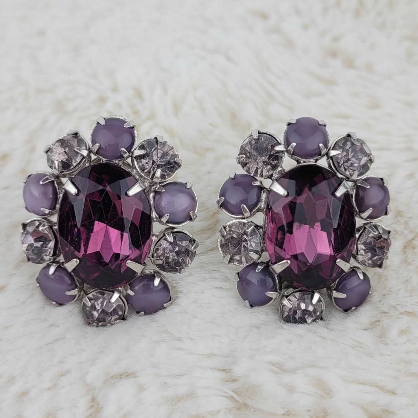1950's Purple and Clear Rhinestone Circular Earrings with Purple Moonstone Beads