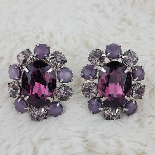 1950's Vintage Purple and Clear Rhinestone Circular Earrings with Purple Moonstone Beads