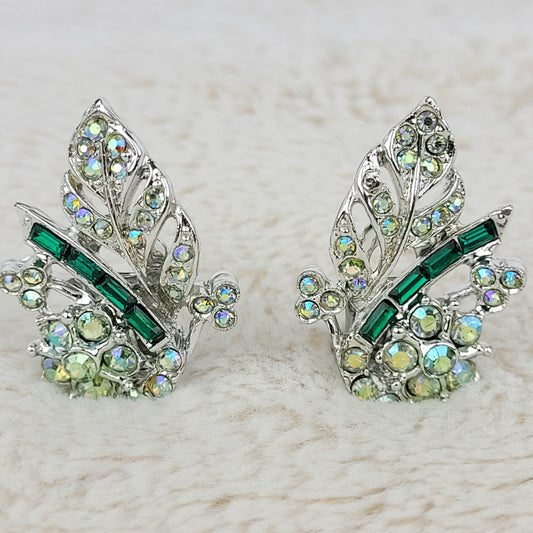 1950's Vintage Green Rhinestone and Aurora Borealis Cluster Leaf Clip Earrings
