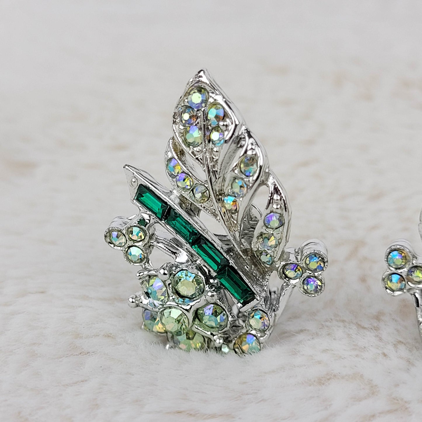 1950's Green Rhinestone and Aurora Borealis Cluster Leaf Clip Earrings