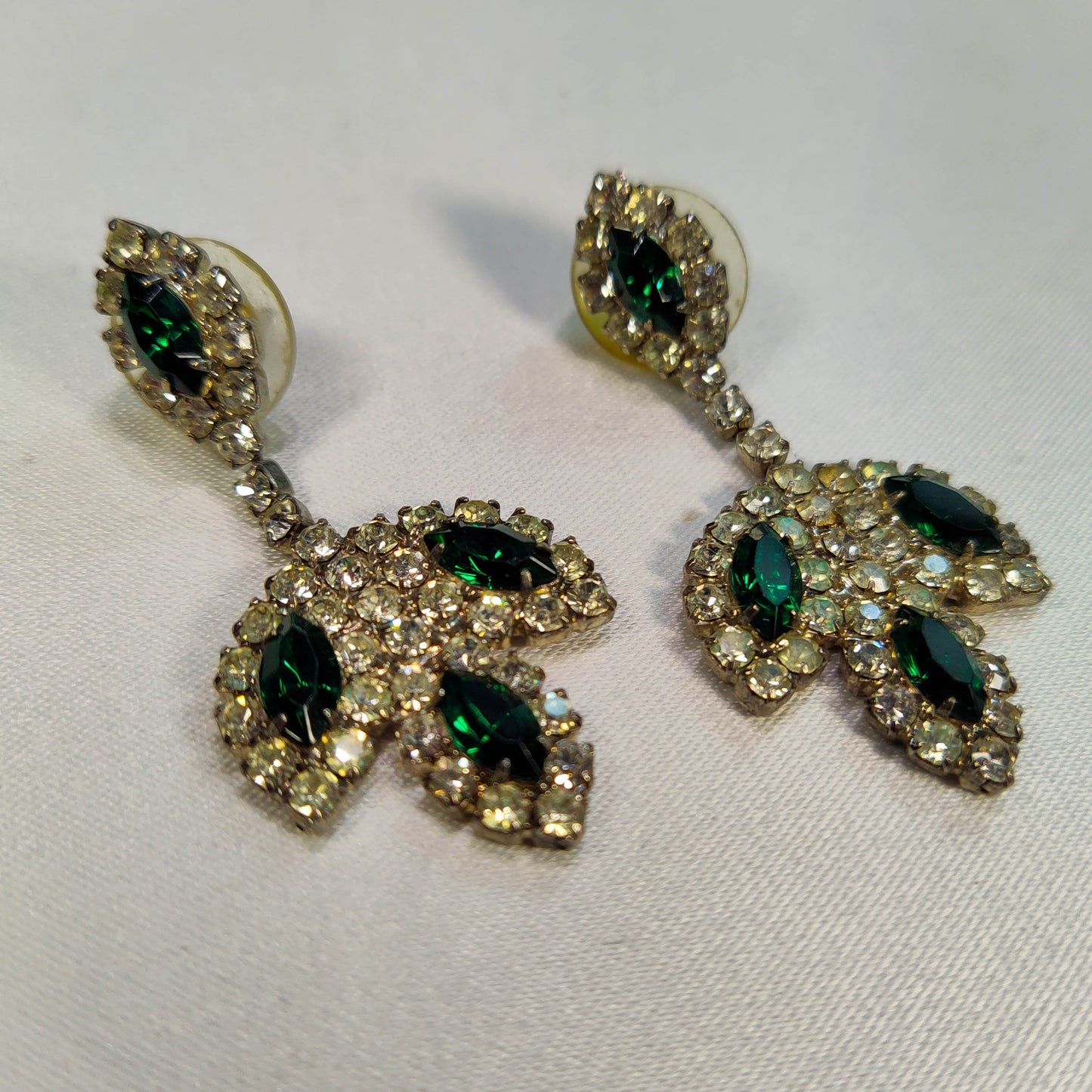 1950's Clear and Green Rhinestone Dangle Pierced Earrings
