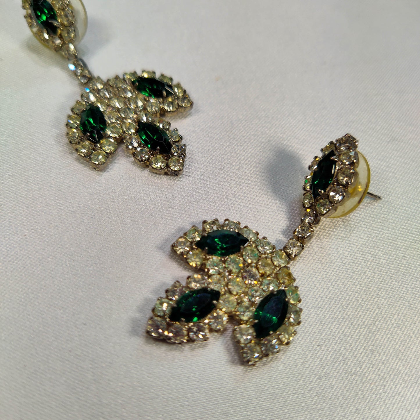 1950's Clear and Green Rhinestone Dangle Pierced Earrings