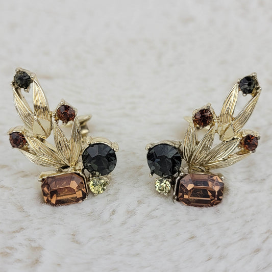 1950's Vintage Root Beer Rhinestone Clip Earrings by Coro