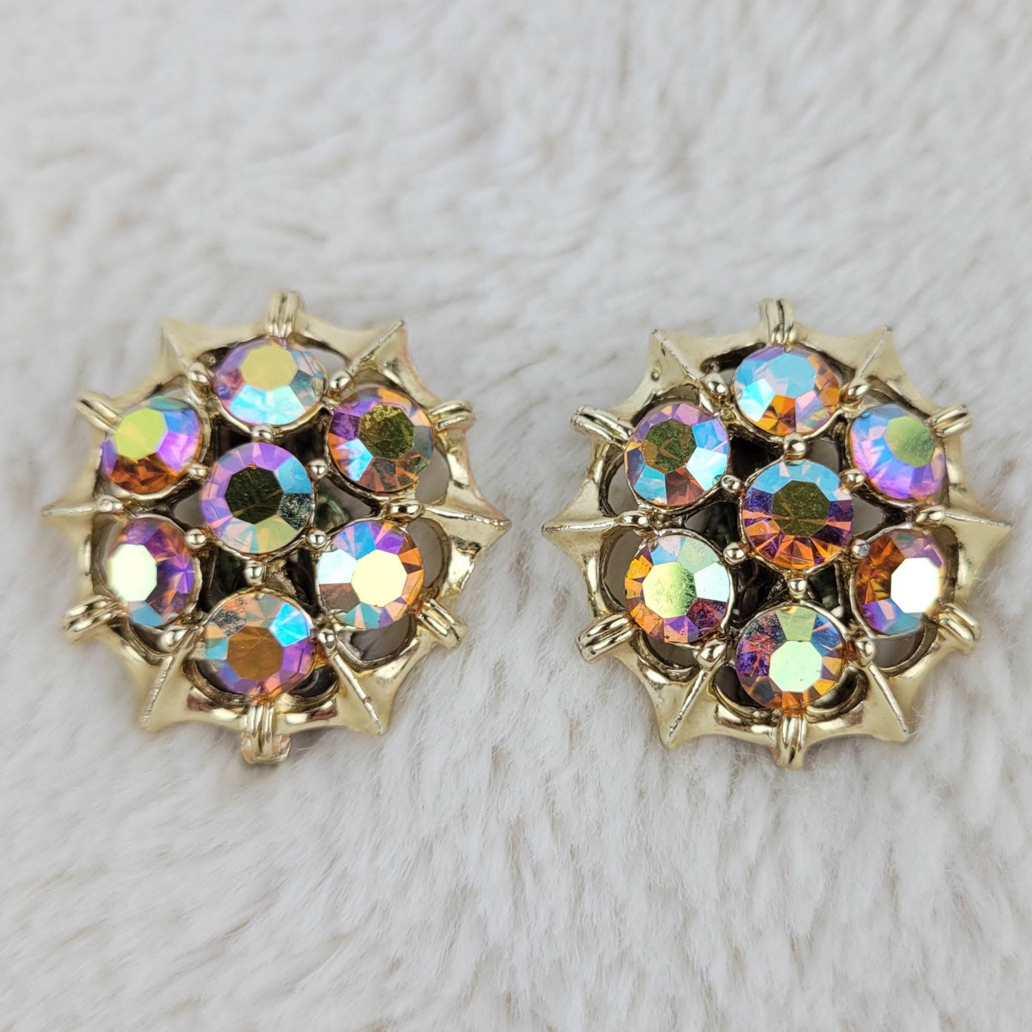 1950's Aurora Borealis Circular Clip Earrings