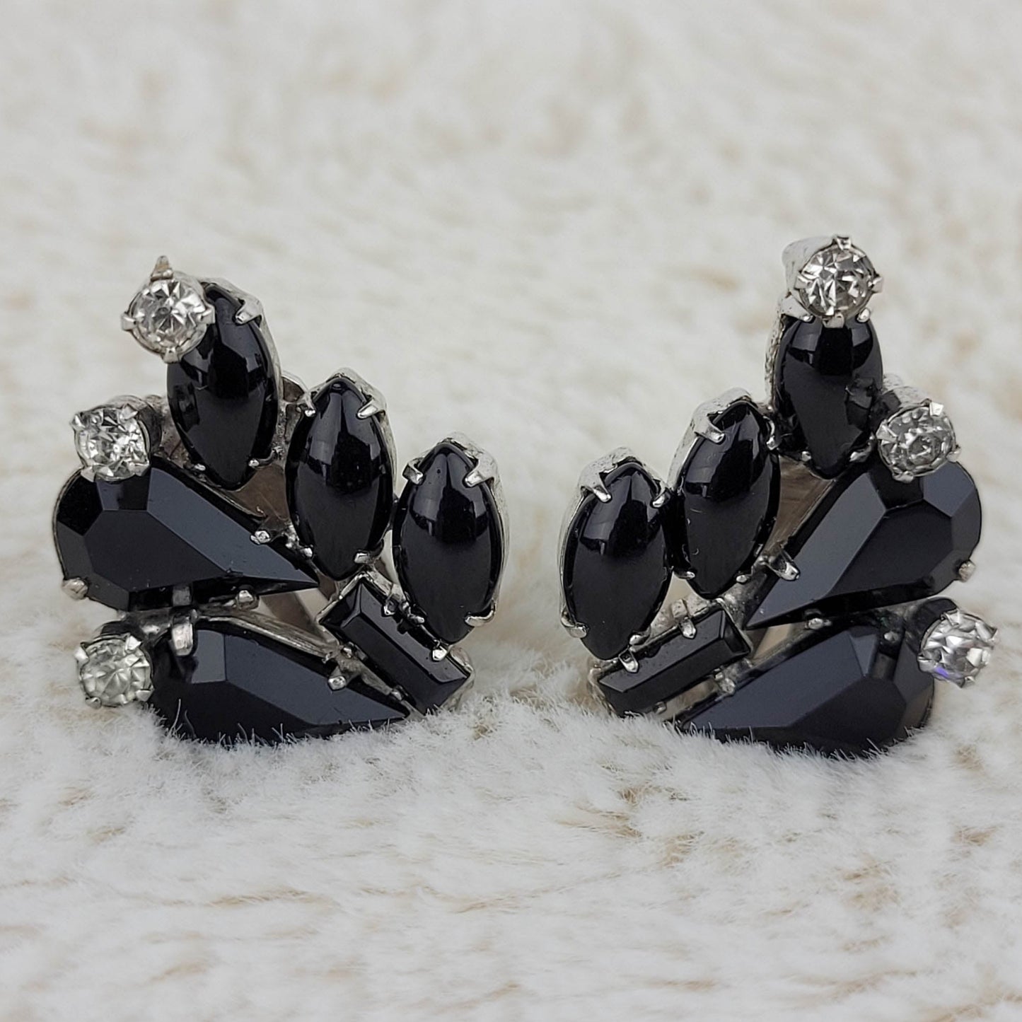 1950's Black and Clear Rhinestone Clip Earrings by Weiss