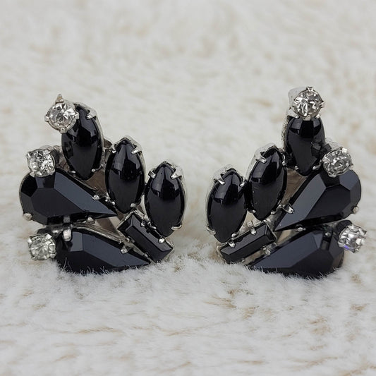 1950's Vintage Black and Clear Rhinestone Clip Earrings by Weiss