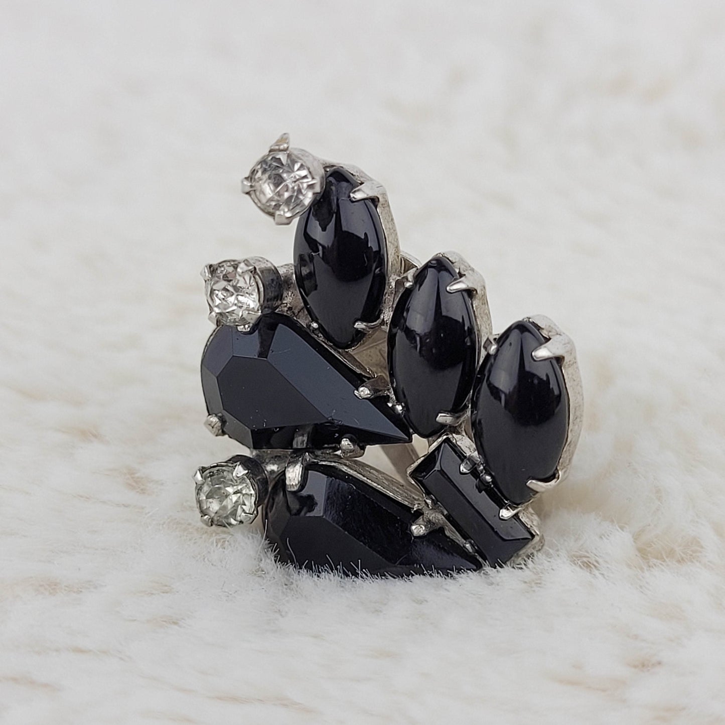 1950's Black and Clear Rhinestone Clip Earrings by Weiss
