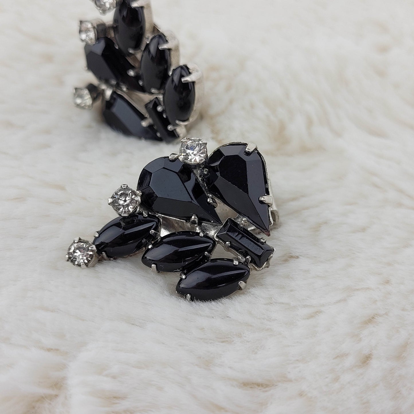 1950's Black and Clear Rhinestone Clip Earrings by Weiss