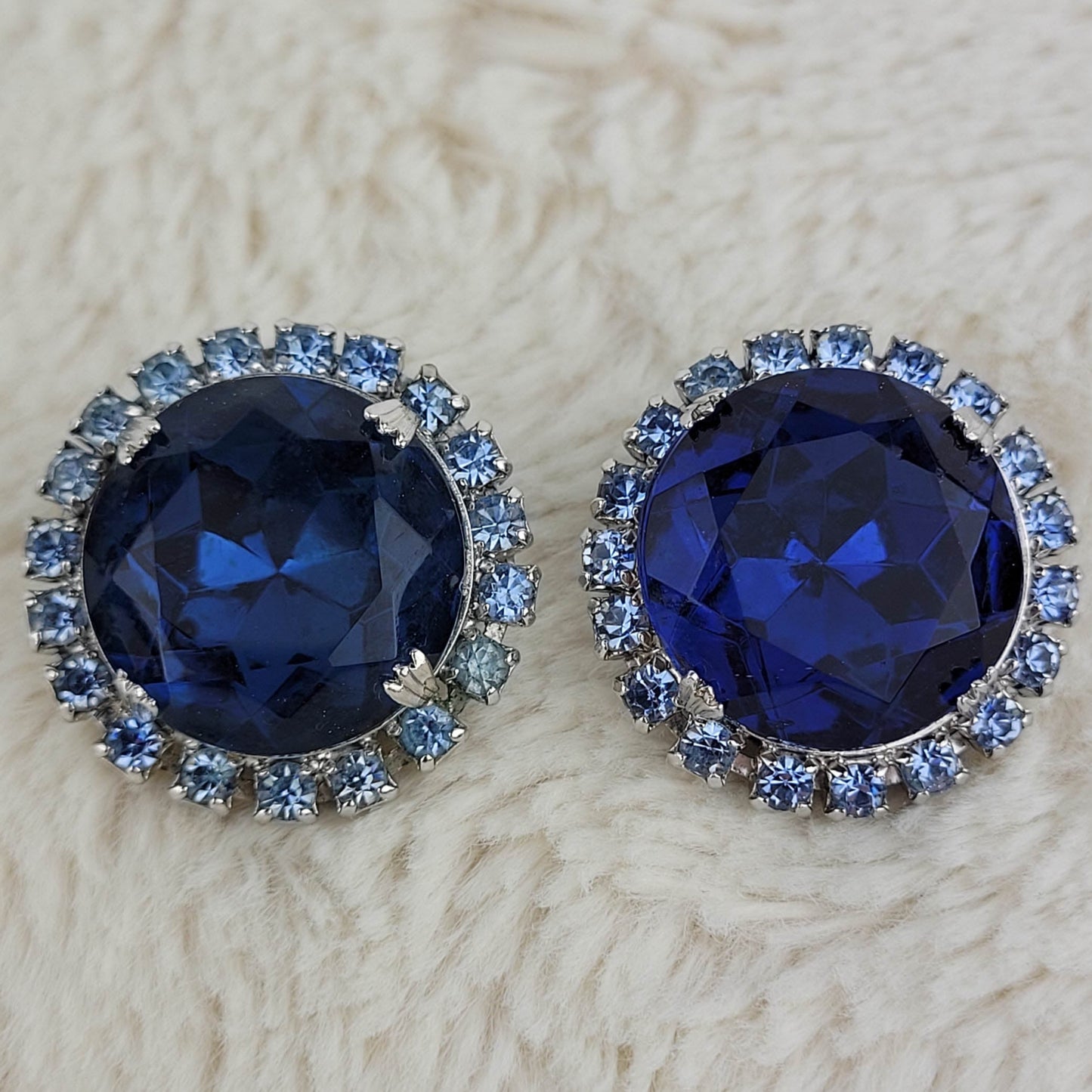 1950's Blue Rhinestone Circular Clip Earrings