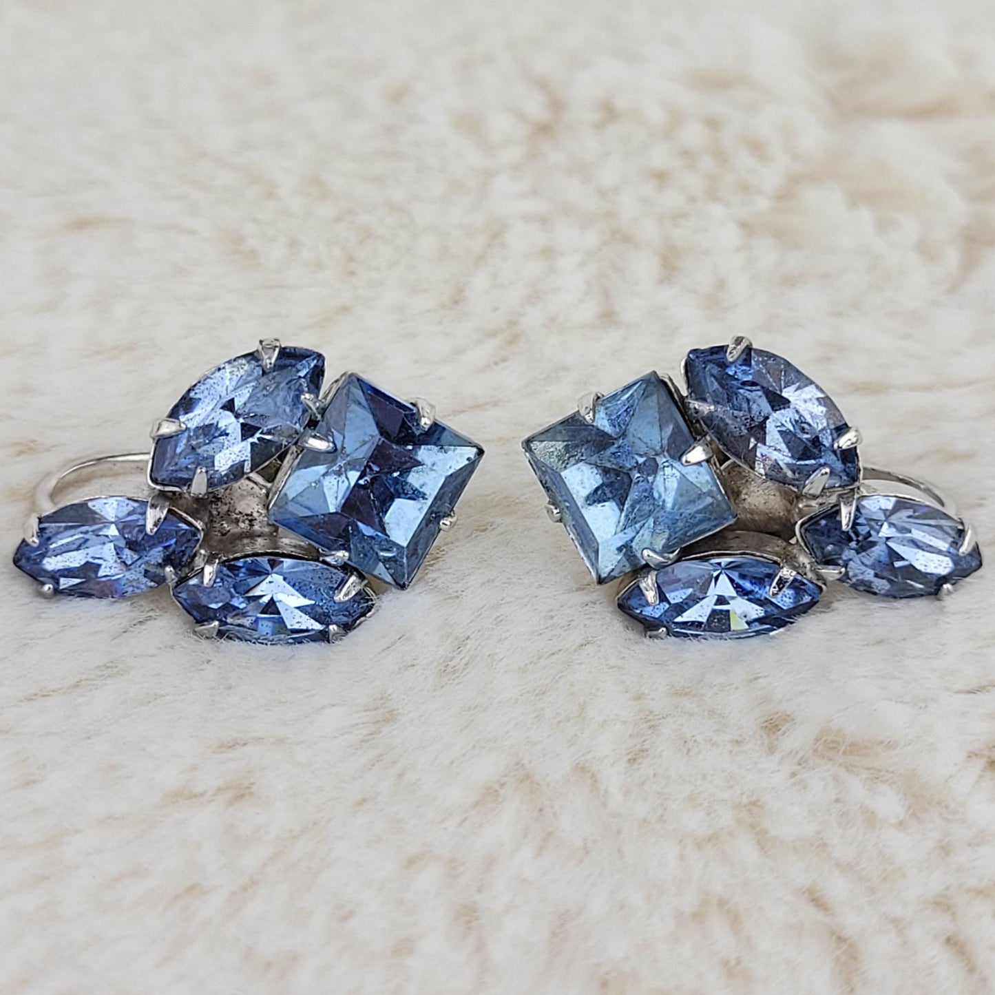 1960's Light Blue Rhinestone Cluster Earrings
