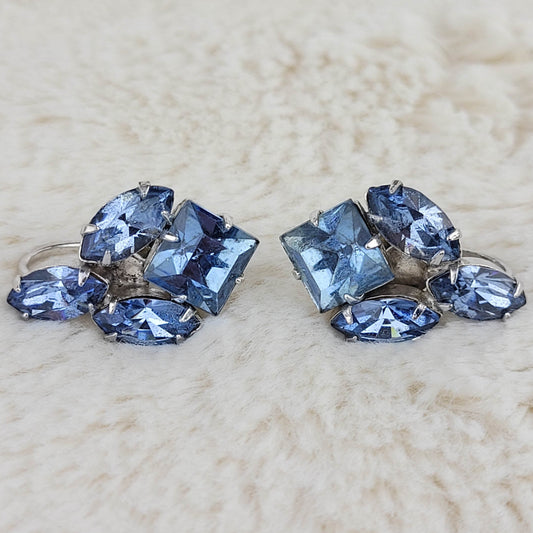 1960's Vintage Light Blue Rhinestone Cluster Earrings