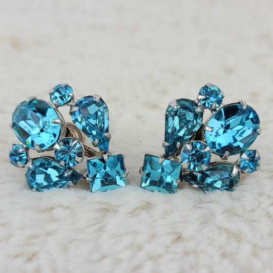 1960's Vintage Multi Size Light Blue Rhinestone Cluster Earrings