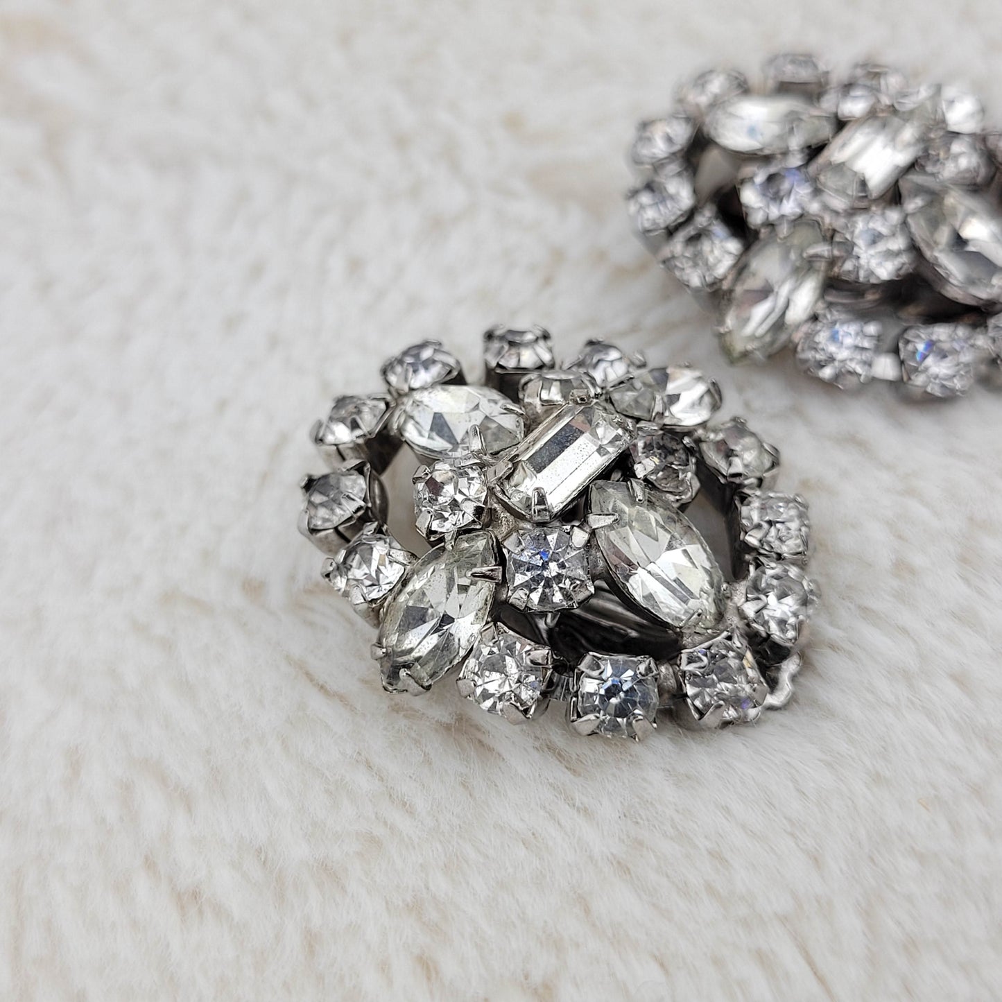 1950's Clear Rhinestone Circular Cluster Clip Earrings