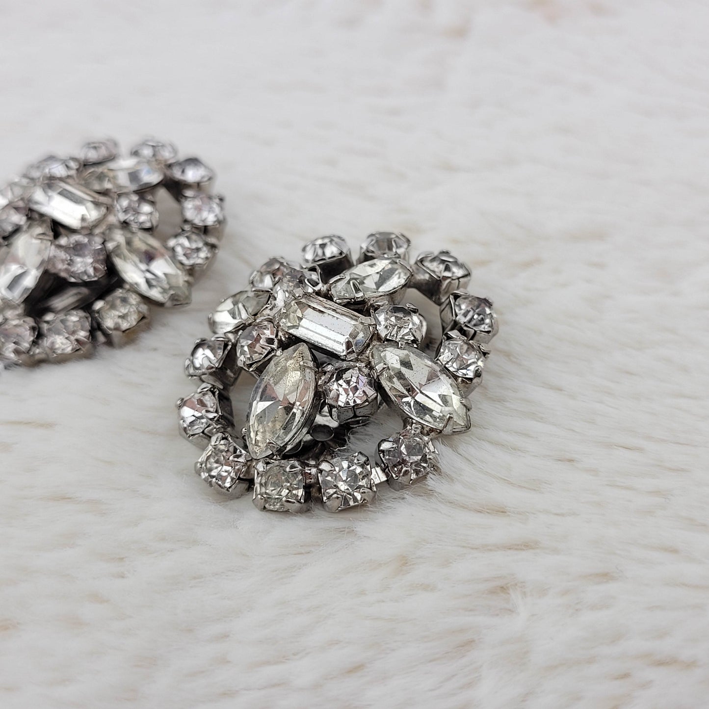 1950's Clear Rhinestone Circular Cluster Clip Earrings