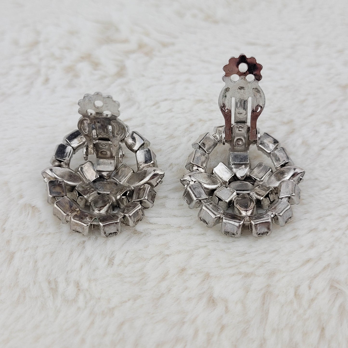 1950's Clear Rhinestone Circular Cluster Clip Earrings
