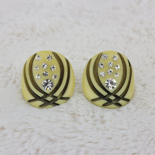 1940's Vintage Yellow Lucite and Clear Rhinestone Clip Earrings