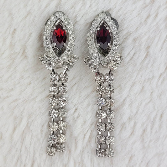 1950's Vintage Red and Clear Rhinestone Dangle Clip Earrings