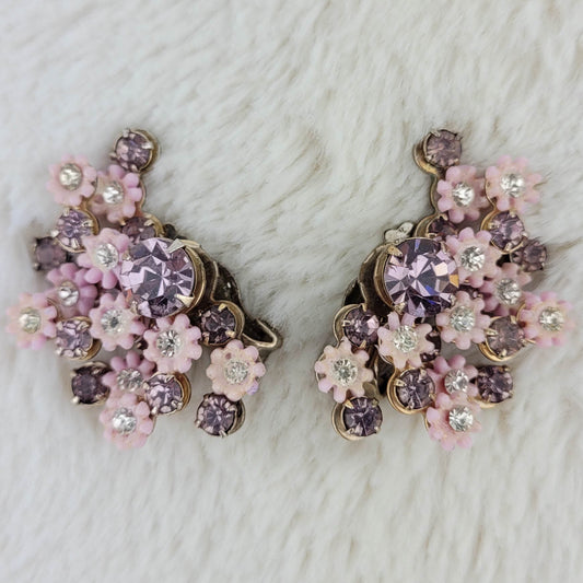 1950's Vintage Purple Rhinestone and Pink Flower Clip Earrings by LeRu