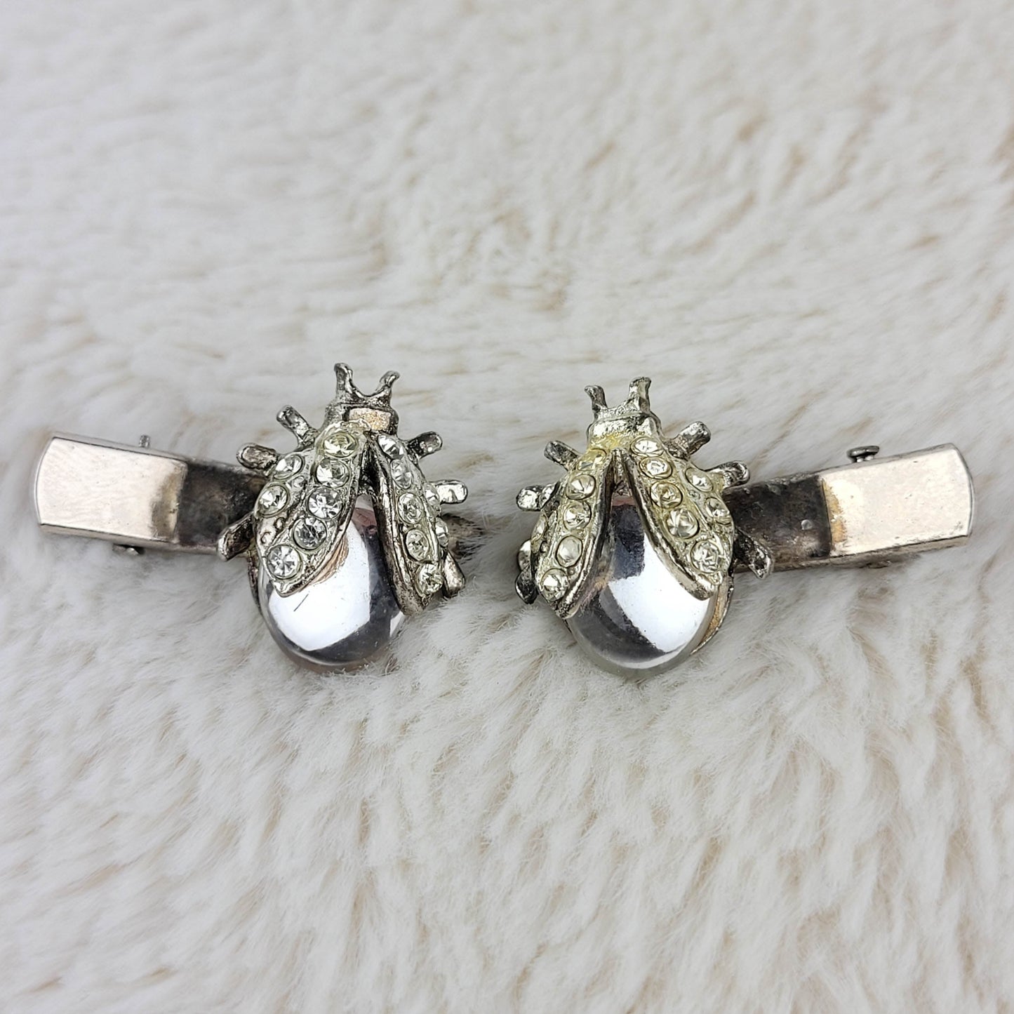 1960's Glass and Rhinestone Lady Bug Clips