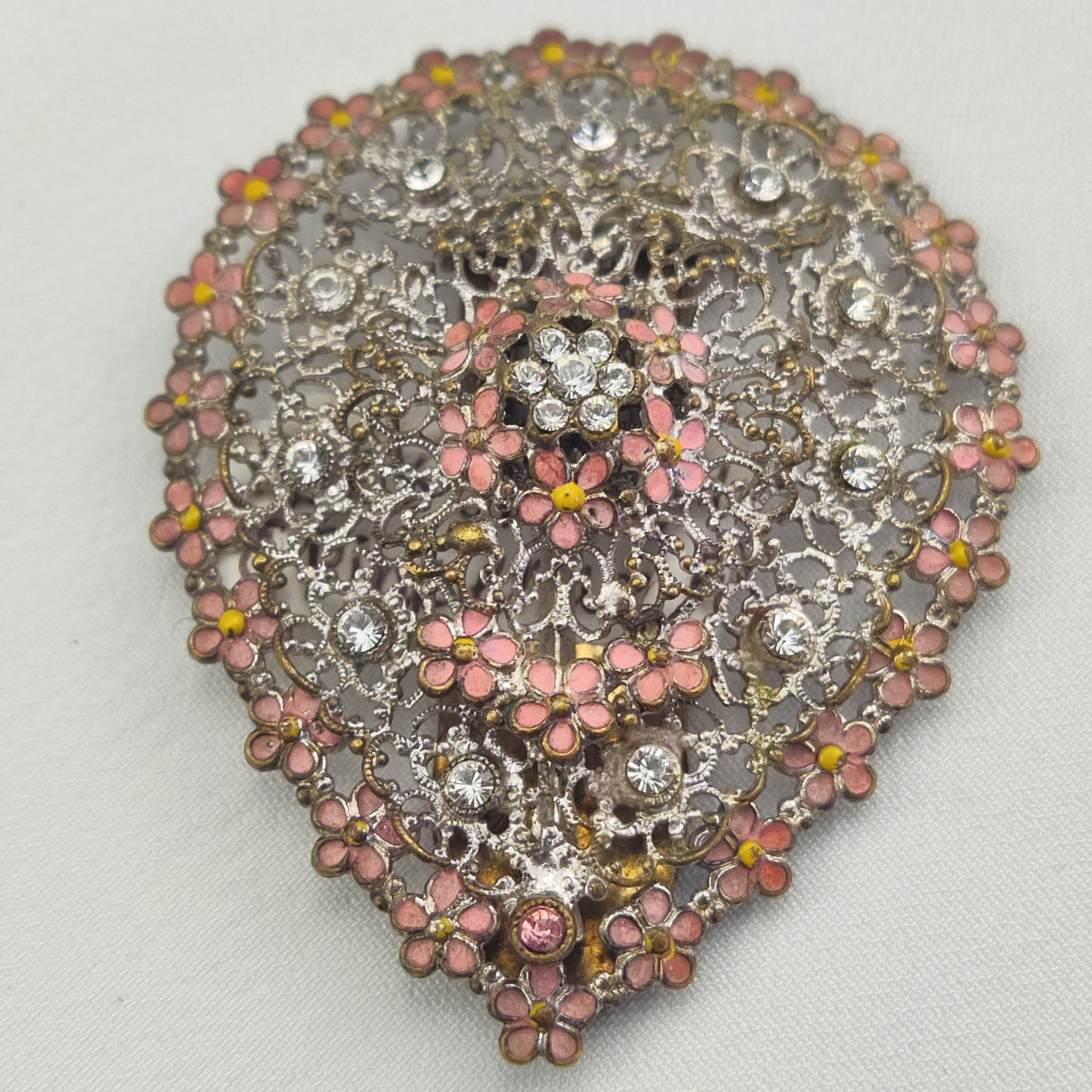 1920's Silver Tone Filigree, Rhinestone and Purple Enamel Flower Fur Clip from Czechoslovakia