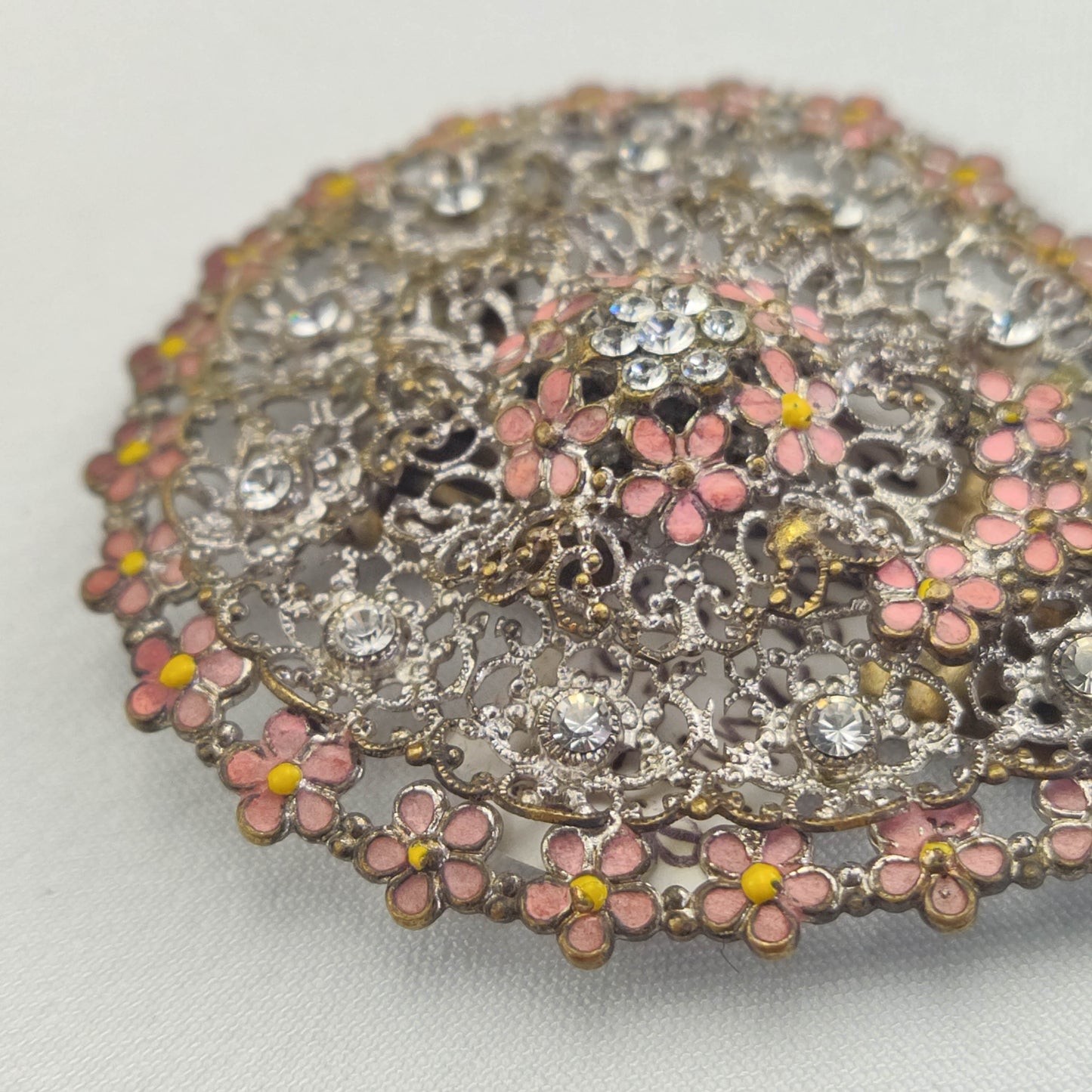 1920's Silver Tone Filigree, Rhinestone and Purple Enamel Flower Fur Clip from Czechoslovakia