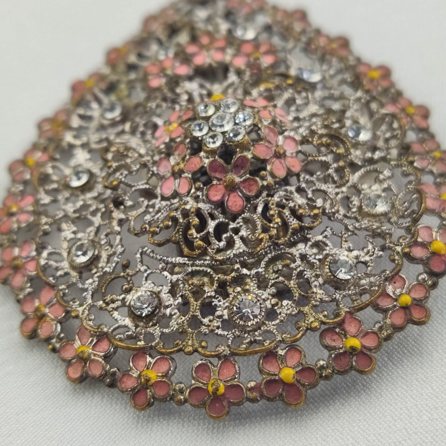 1920's Silver Tone Filigree, Rhinestone and Purple Enamel Flower Fur Clip from Czechoslovakia