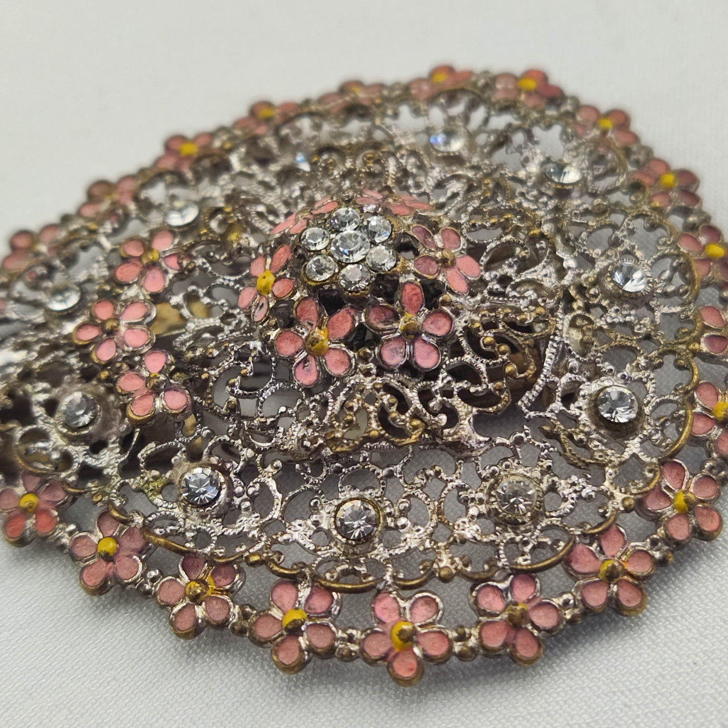 1920's Silver Tone Filigree, Rhinestone and Purple Enamel Flower Fur Clip from Czechoslovakia
