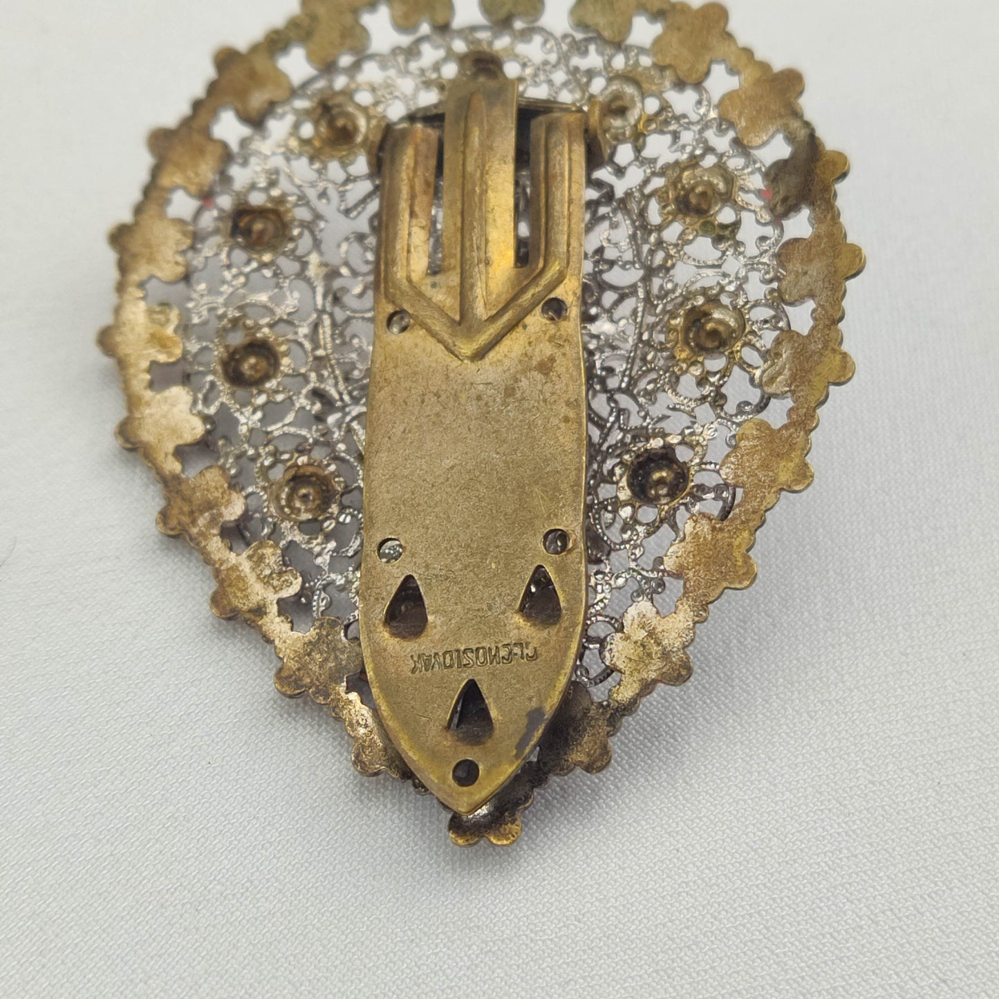 1920's Silver Tone Filigree, Rhinestone and Purple Enamel Flower Fur Clip from Czechoslovakia