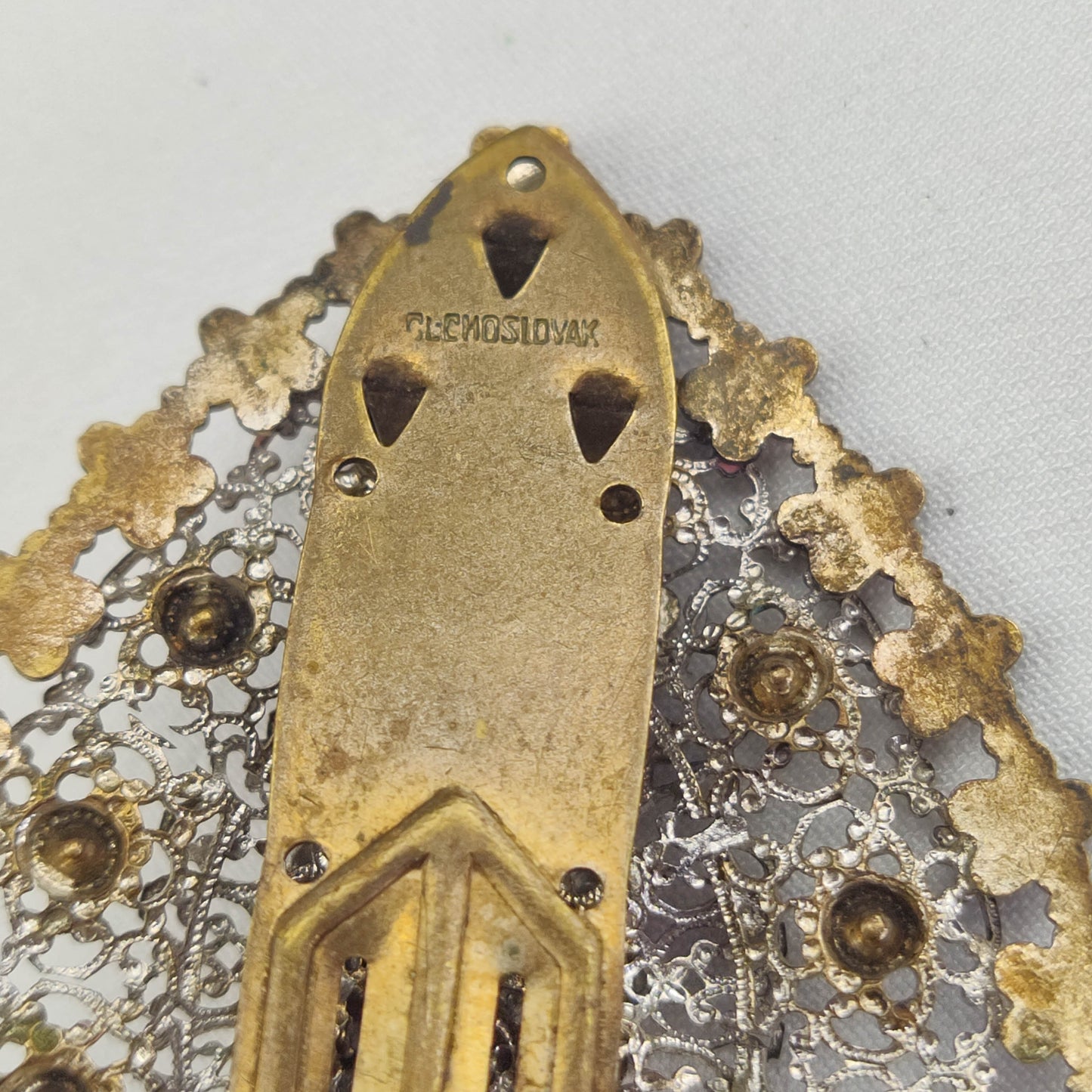 1920's Silver Tone Filigree, Rhinestone and Purple Enamel Flower Fur Clip from Czechoslovakia