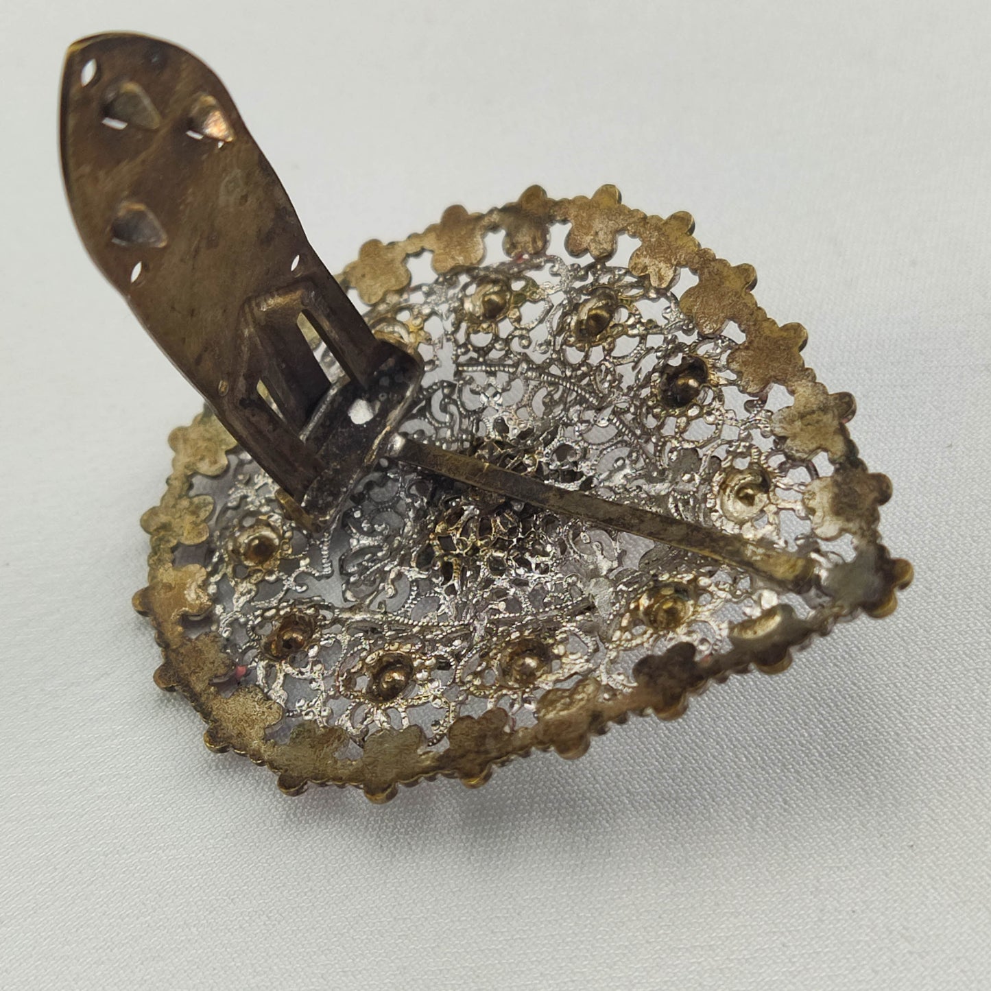 1920's Silver Tone Filigree, Rhinestone and Purple Enamel Flower Fur Clip from Czechoslovakia
