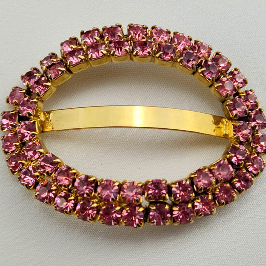 1950s Vintage Hair Tie with a Double Row of Pink Rhinestones and Gold Tone Metal