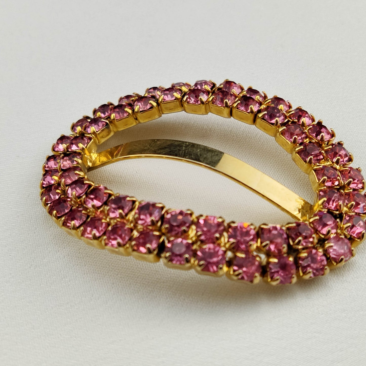 1950's Pink Rhinestone and Gold Tone Metal Hair Tie