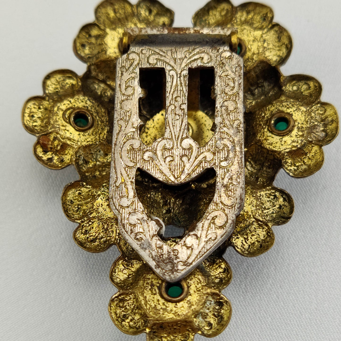 1930's Gold Tone Metal with Green Rhinestones and Pearl Bead Fur Clip