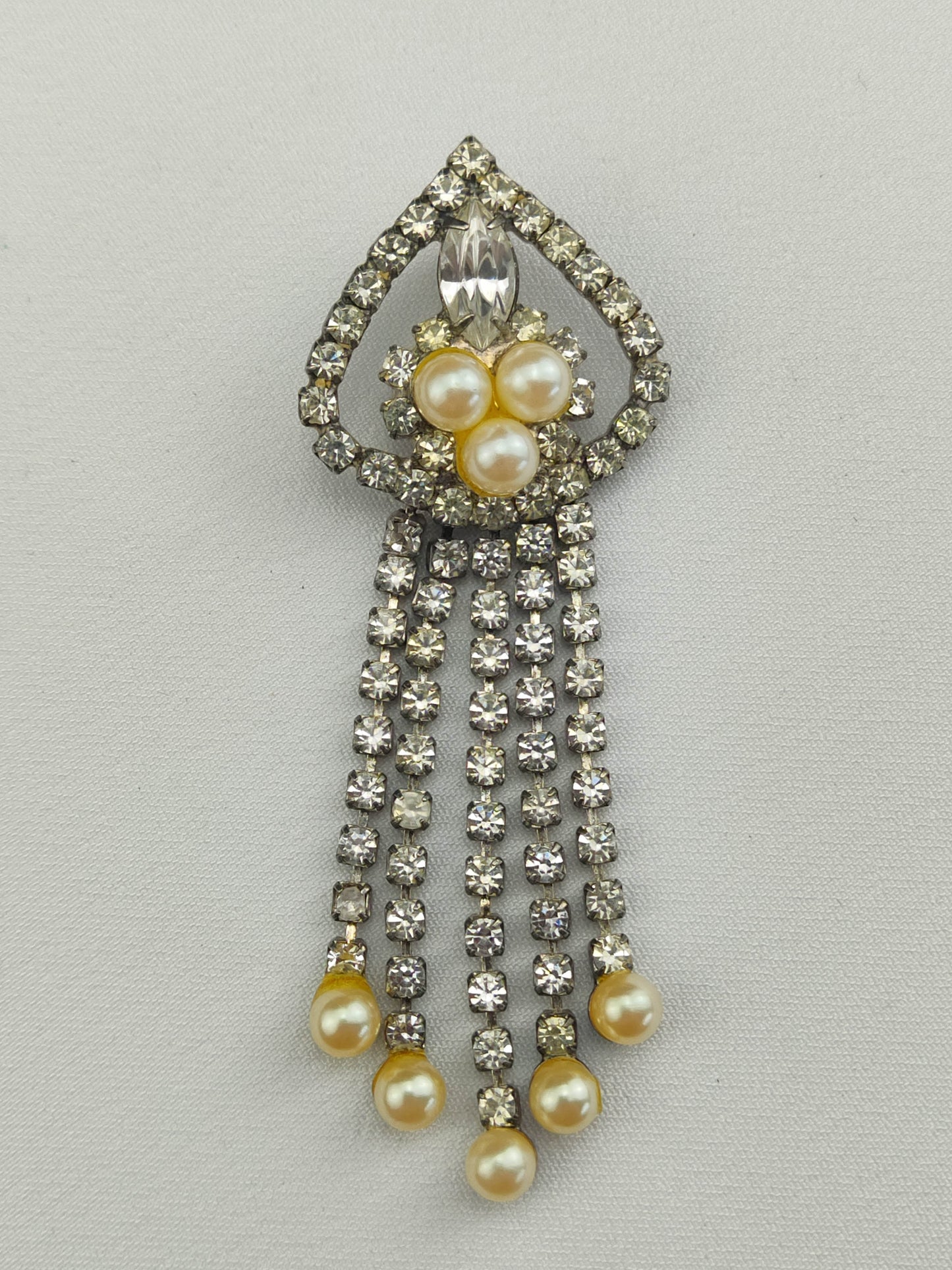 1940's Pearl Bead and Clear Rhinestone Waterfall Dangle Pendant