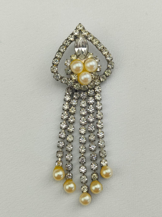1940's Vintage Pearl Bead and Clear Rhinestone Waterfall Dangle Pendant
