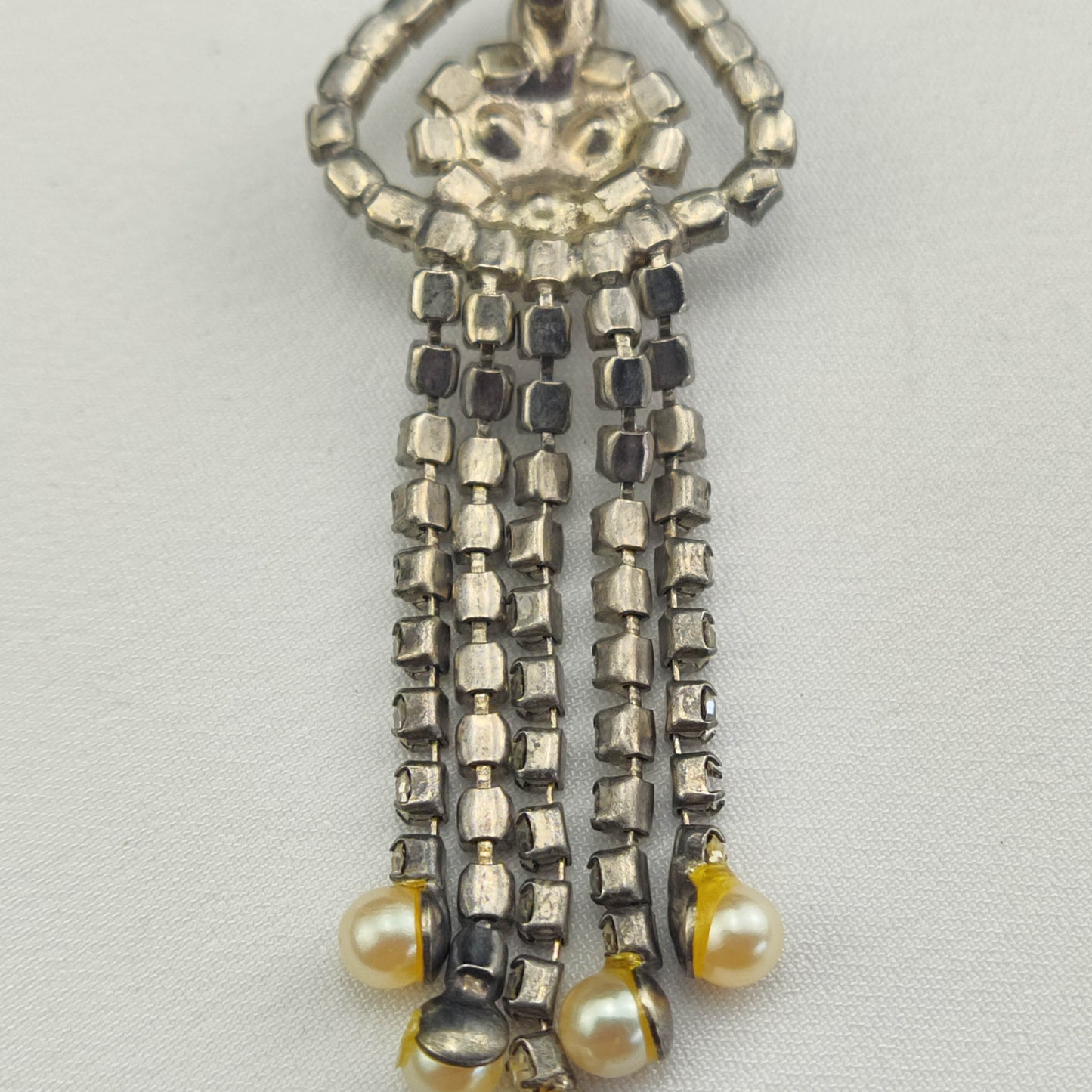 1940's Pearl Bead and Clear Rhinestone Waterfall Dangle Pendant