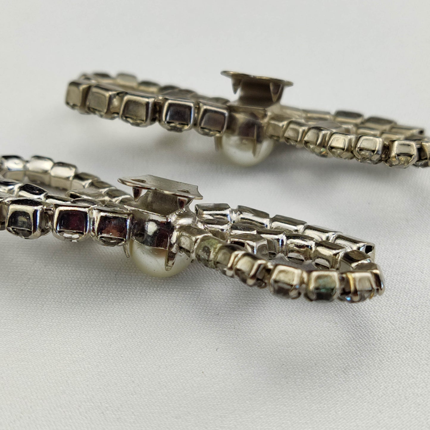 1940's Clear Rhinestone Bow Tie Shoe Clips with a Pearl Bead Center
