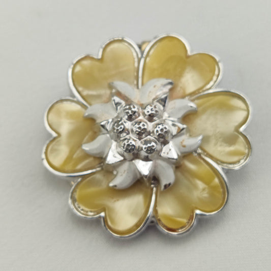 1950's Vintage Silver Tone Metal and Yellow Flower Cluster Scarf Ring/Pin from West Germany