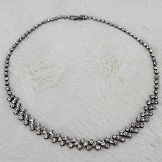 1950's Vintage Single to Triple Row Clear Rhinestone on a Dark Metal Necklace