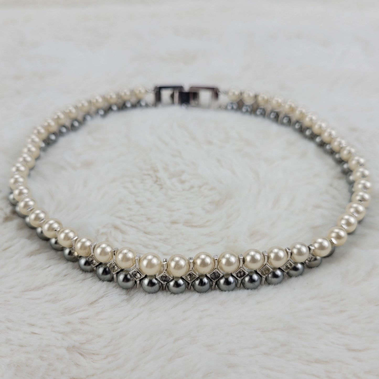 1950's Cream and Silver Pearl Bead Double Strand Necklace with Rhinestones by Trifari