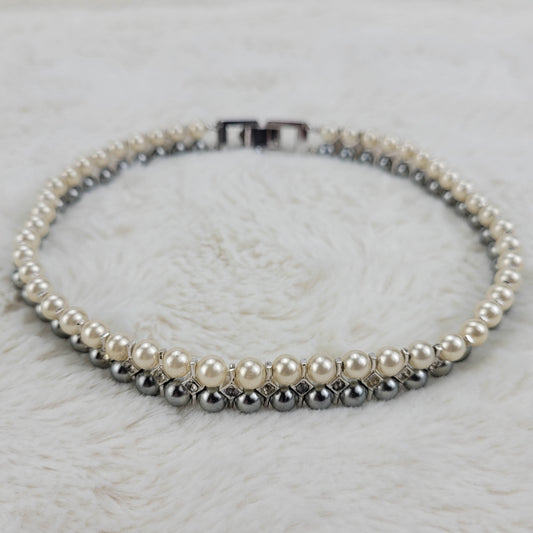 1950s Vintage Necklace with Cream and Silver Pearl Beads and Rhinestones by Trifari