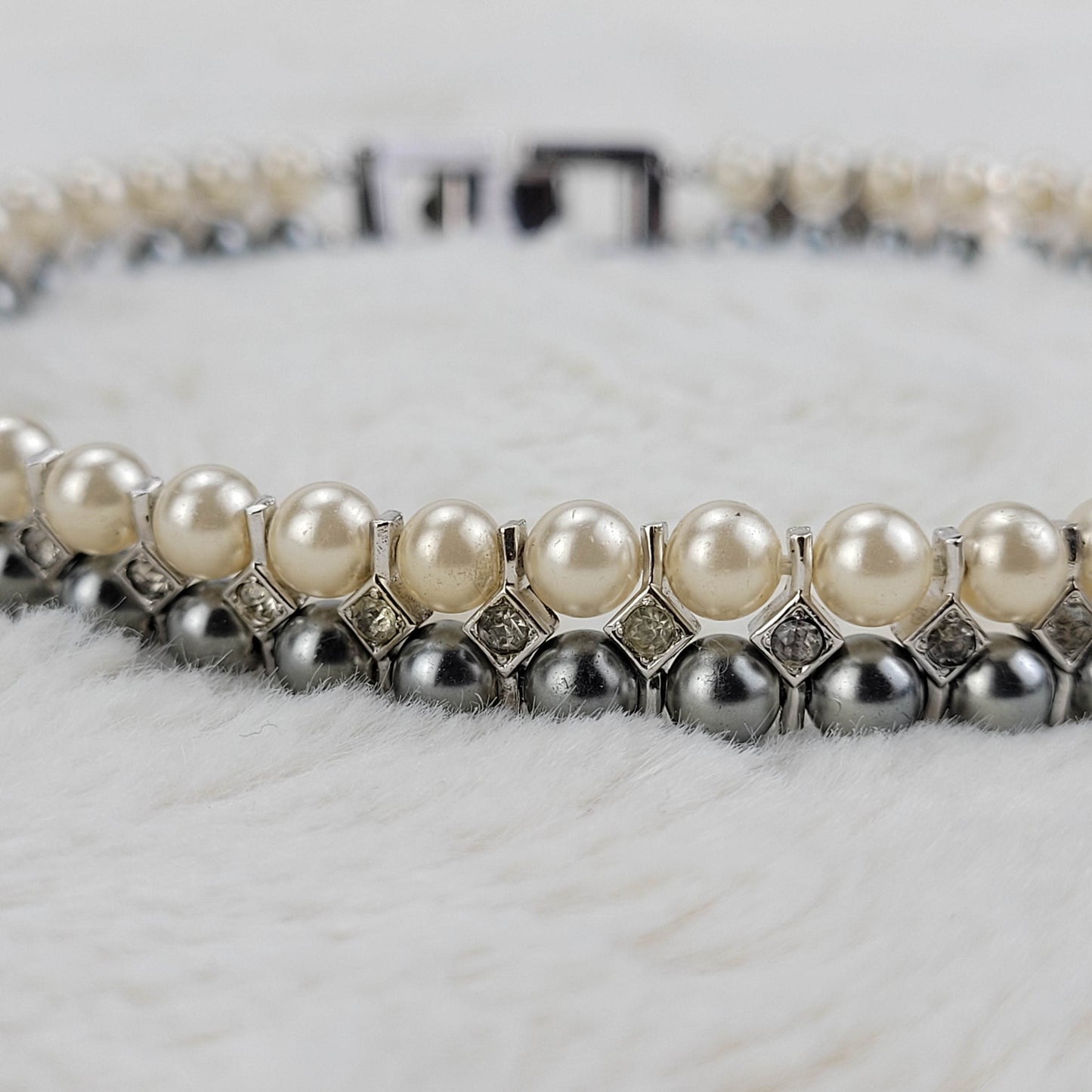 1950's Cream and Silver Pearl Bead Double Strand Necklace with Rhinestones by Trifari