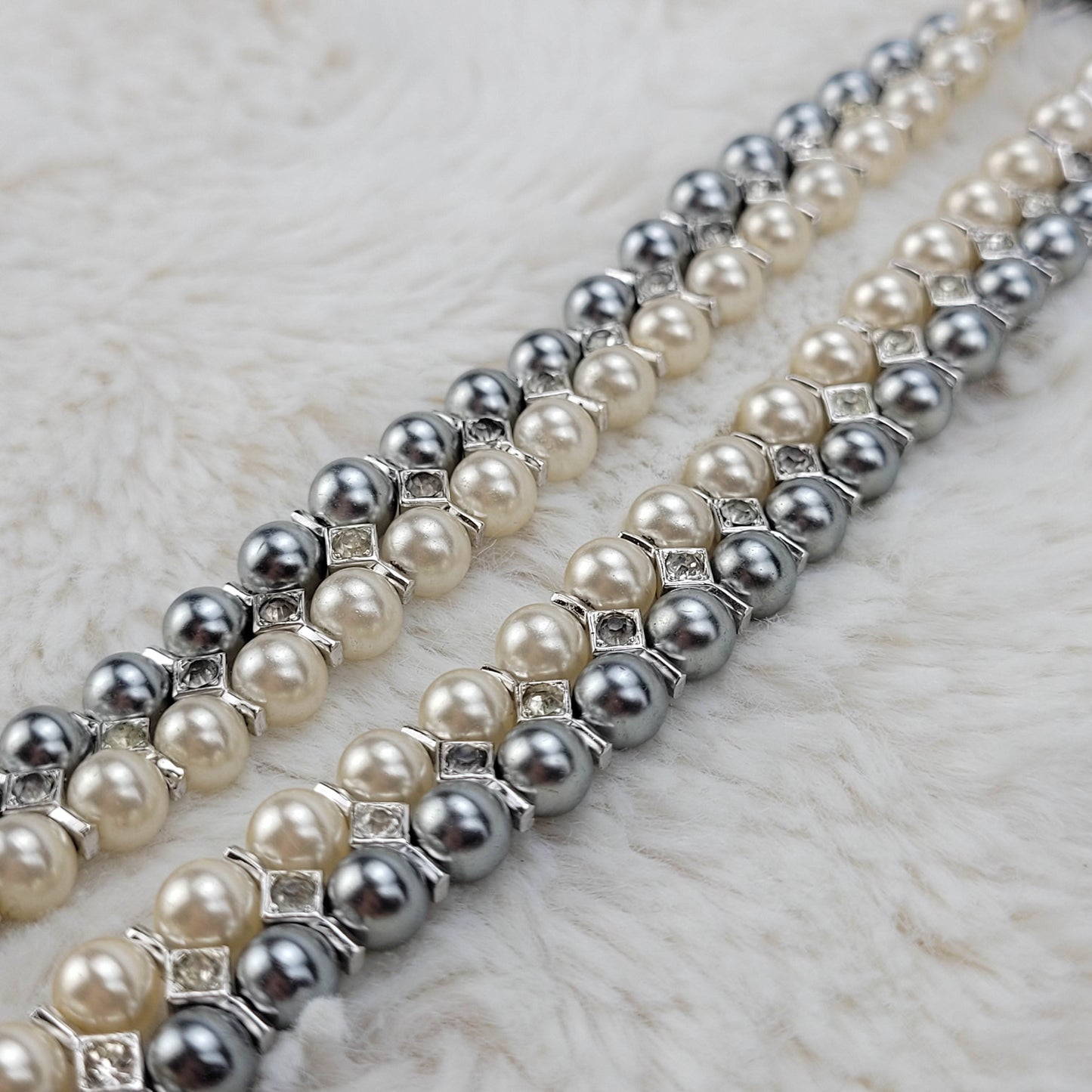 1950's Cream and Silver Pearl Bead Double Strand Necklace with Rhinestones by Trifari