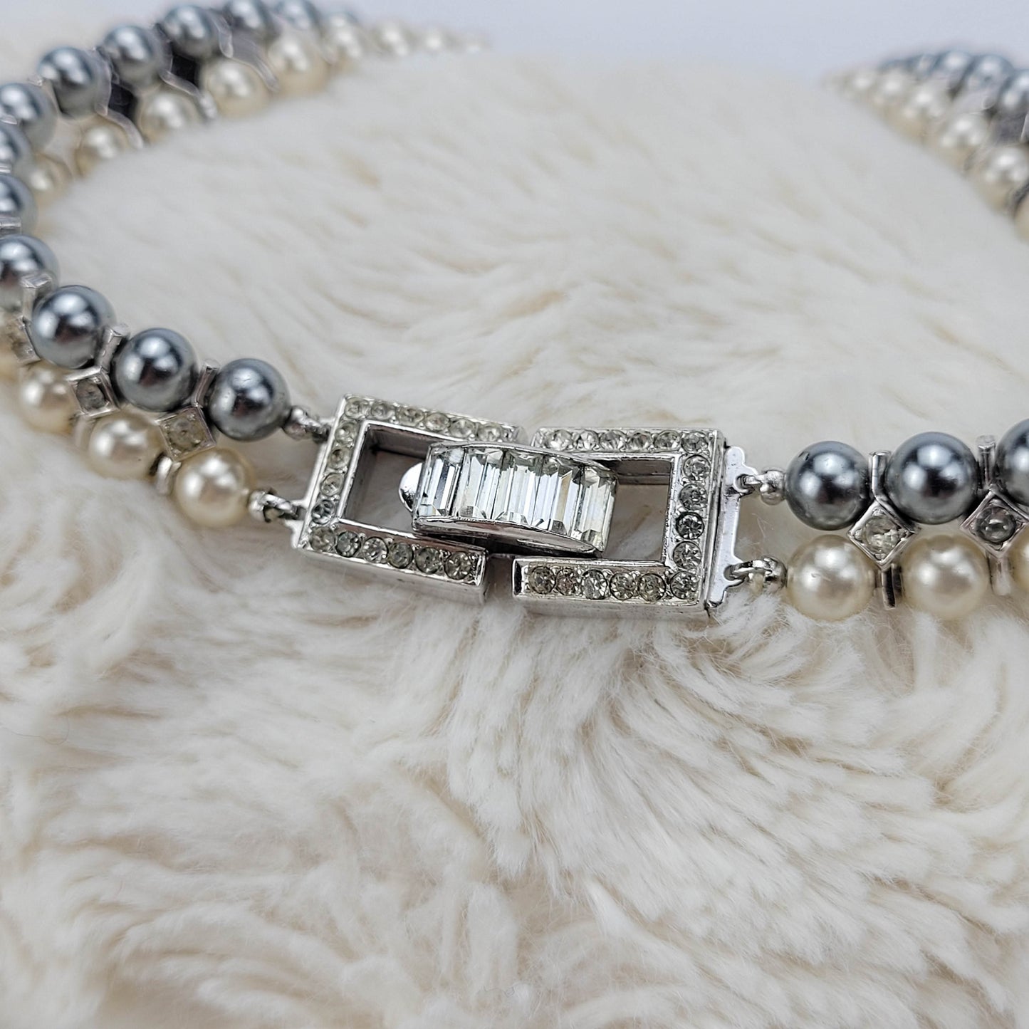 1950's Cream and Silver Pearl Bead Double Strand Necklace with Rhinestones by Trifari