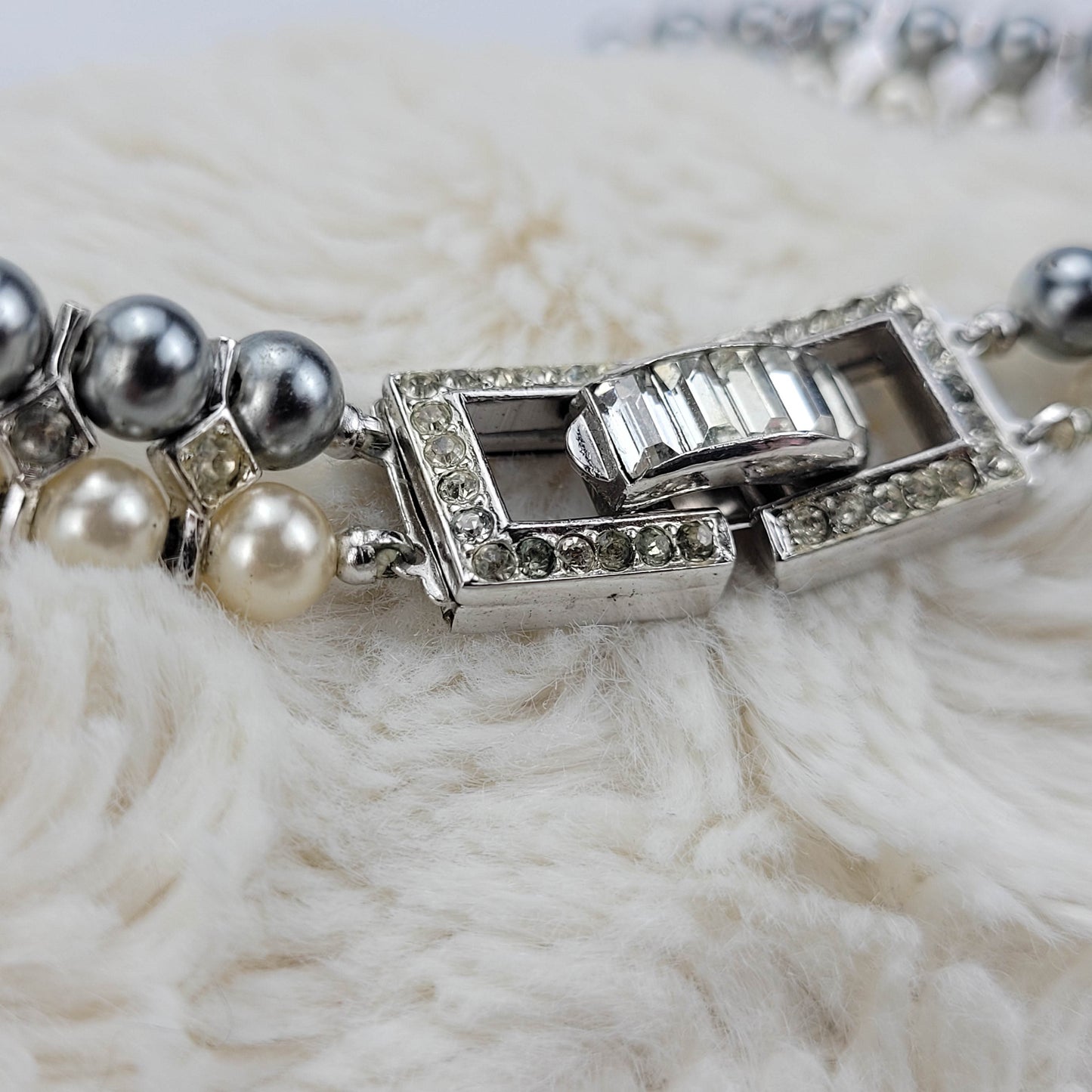 1950's Cream and Silver Pearl Bead Double Strand Necklace with Rhinestones by Trifari